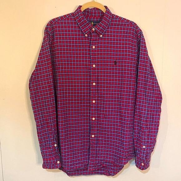 Ralph Lauren Red & Blue Plaid Cotton Button Down Mens Shirt Size Large - Picture 1 of 10